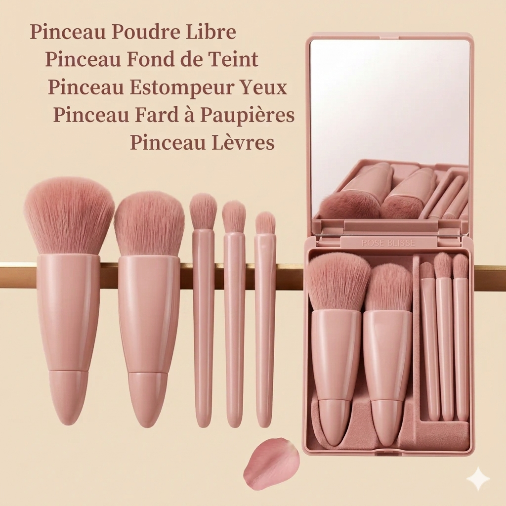 Kit Pinceaux de Maquillage de Voyage avec Miroir Intégré
